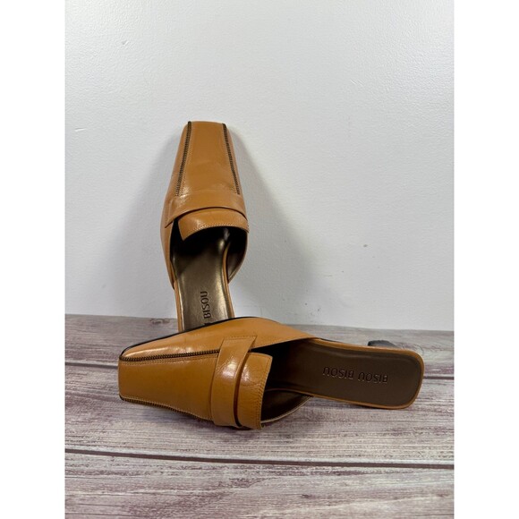 Bisou Bisou Tan Leather Size 7 Closed Toe Mules Curved High Heel Slip-On Shoes - Picture 7 of 16
